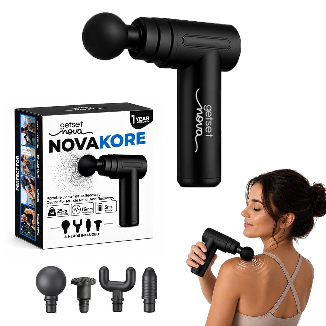 GetSetNova Massage Gun for Pain Relief, Deep Tissue Full Body Massager with 6 Speeds, 4 Heads, 16 mm Amplitude, 3200 RPM, Type-C Rechargeable Gun Massager for Back, Neck, Shoulder, Legs & Muscles